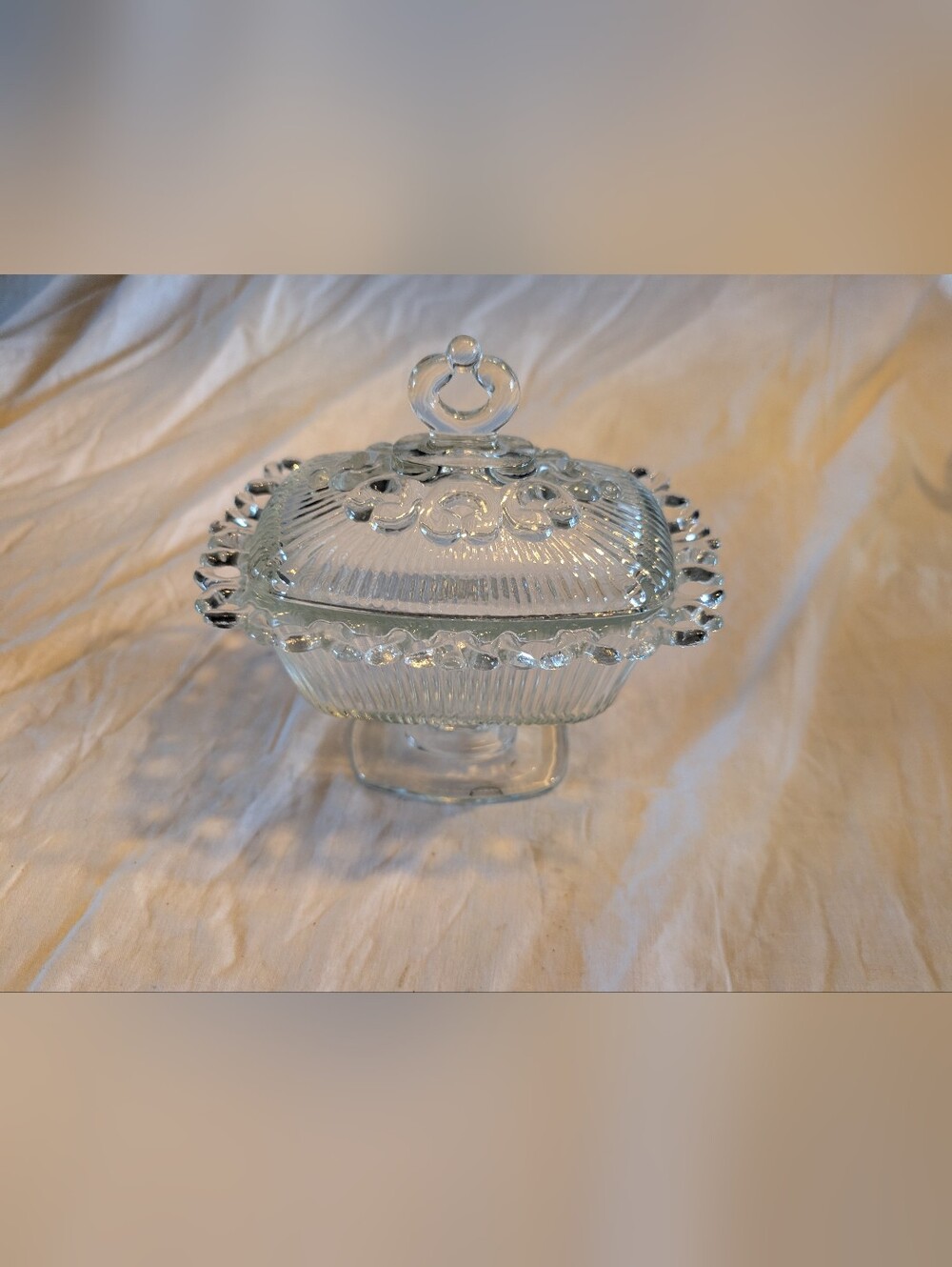 2/60$ Indiana Glass Clear Pressed Glass Covered Candy Dish with Pedestal